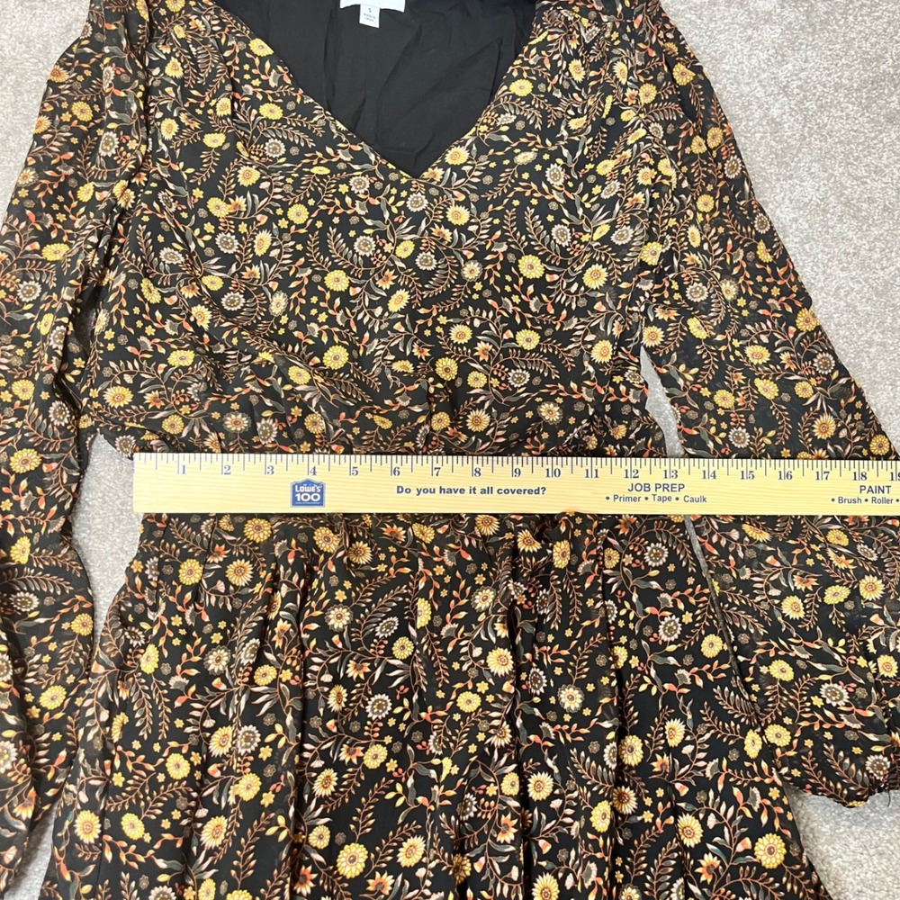 Evereve Floral Mini Dress Womens Small Black Orange Long Sleeve V-Neck - Picture 8 of 10